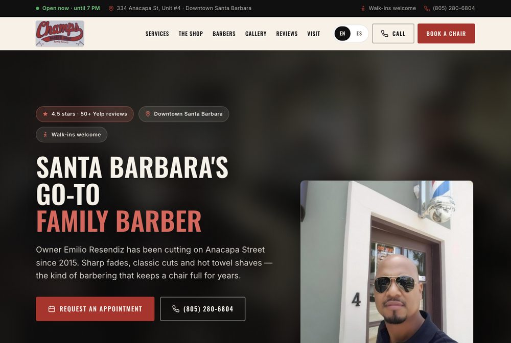 Champ's Barber Shop website homepage