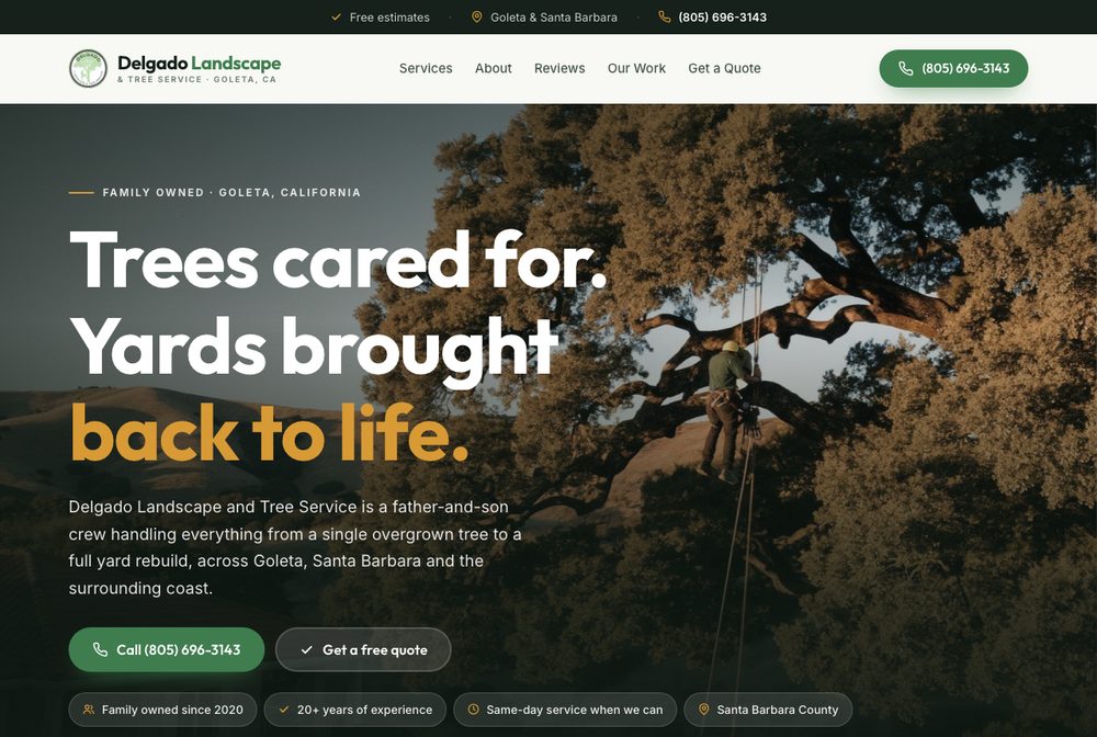 Delgado Landscape and Tree Service website homepage
